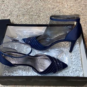Adrianna Papell navy blue, pointy toe, satin, 3 inch heels